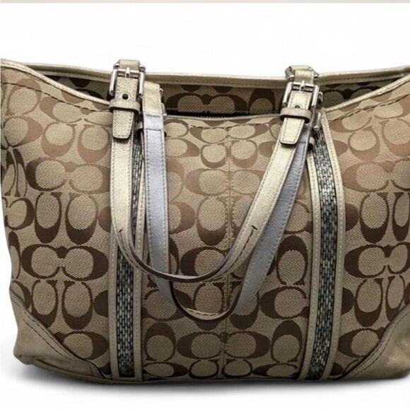 Authentic Vintage Coach Monogram Canvas Beaded Trim Gallery Tote Bag - Picture 3 of 6